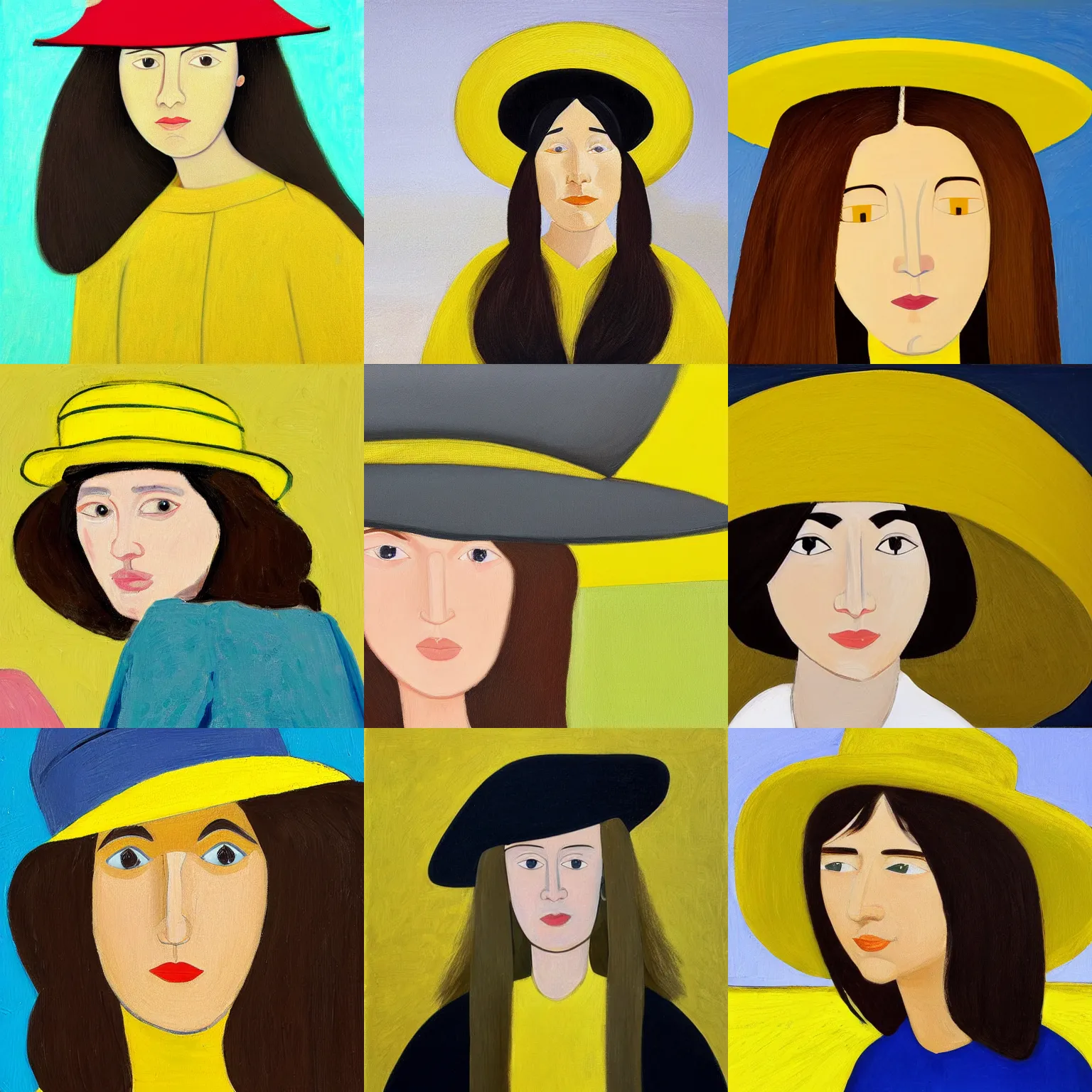 Prompt: long haired girl with hat, by alex katz, close-up, colorful, yellow background