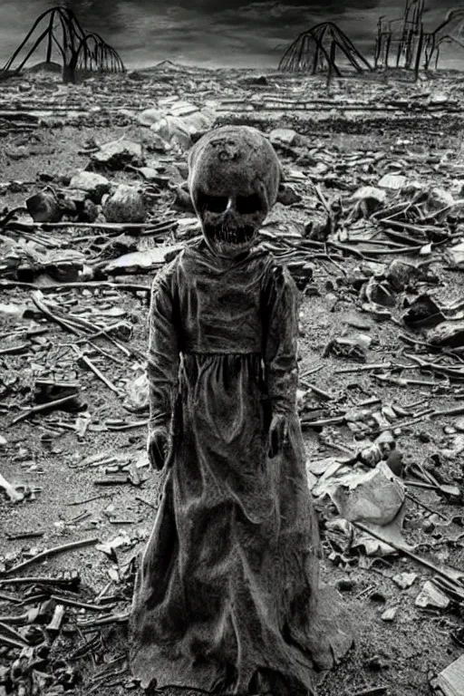 Image similar to a photograph of a haunted creepy doll photographs in a desolate nuclear apocalypse, ectoplasm, very creepy, skull, bones, possessed, atmospheric, dark derelict environment, highly detailed, epic scene