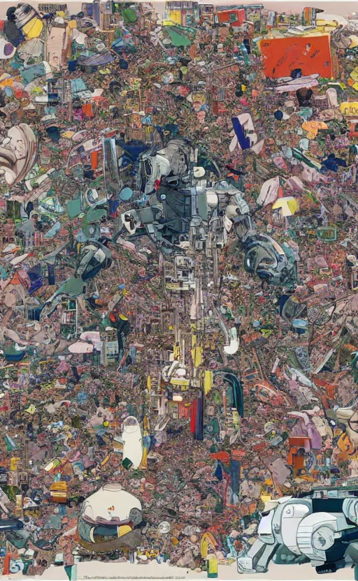 Image similar to a colorful illustration of the end of human species surpressed by artificial intelligence in style of katsuhiro otomo