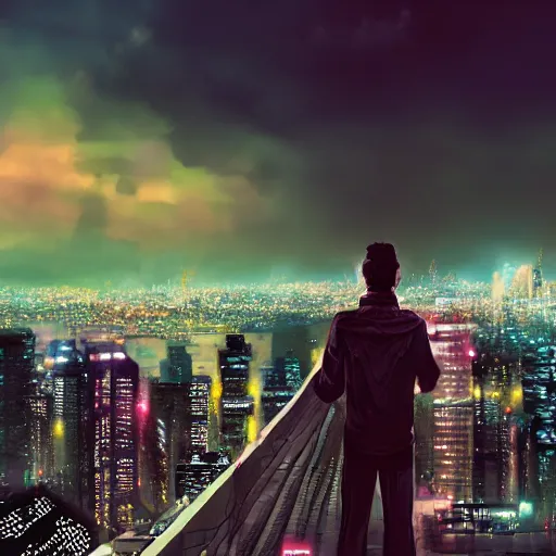 Image similar to A man standing on top of a bridge over a city, cyberpunk art by Vincent Lefevre, behance contest winner, altermodern, cityscape, synthwave, matte painting