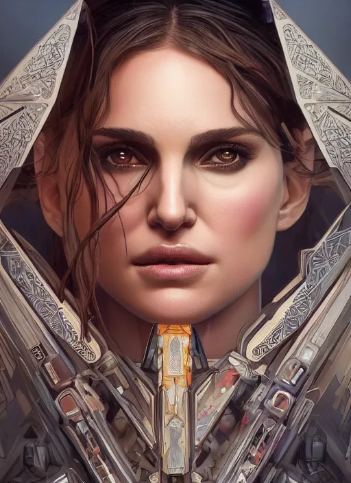 Image similar to symmetry!! portrait of natalie portman in the style of horizon zero dawn, machine face, intricate, elegant, highly detailed, digital painting, artstation, concept art, smooth, sharp focus, illustration, art by artgerm and greg rutkowski and alphonse mucha, 8 k