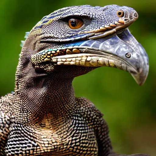 Image similar to hawk and monitor lizard hybrid animal, half hawk half monitor lizard, avian and reptilian features, highly detailed realistic photo taken in zoo