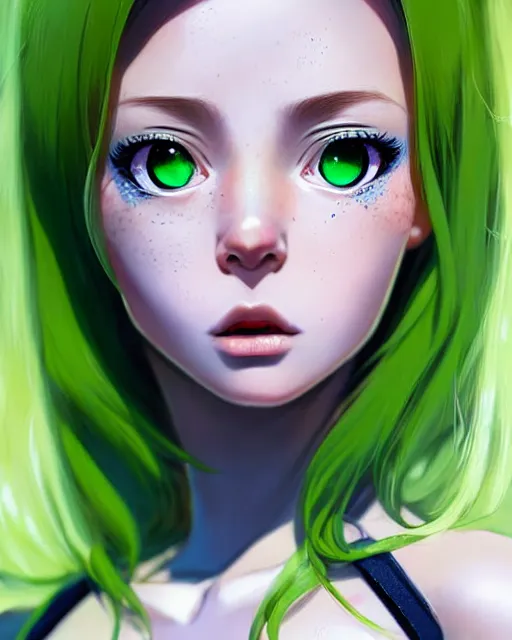 Prompt: portrait Anime space cadet girl, cute-fine-face, pretty face, realistic shaded Perfect face, fine details. Anime. realistic shaded lighting by Ilya Kuvshinov Giuseppe Dangelico Pino and Michael Garmash and Rob Rey, IAMAG premiere, aaaa achievement collection, elegant freckles, fabulous, eyes open in wonder, green hair, detailed lashes