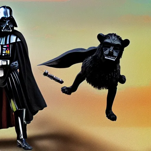 Prompt: Darth Vader riding a Lion with glare