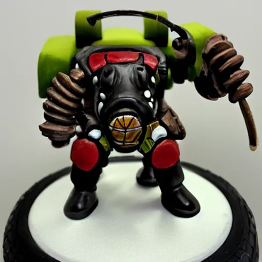 Image similar to Cow wearing a car tire, painted warhammer 40k miniature