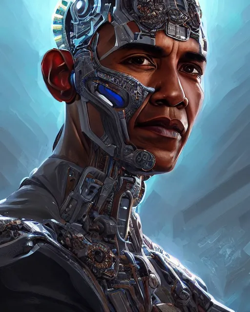 Prompt: portrait of holy cyborg barack obama, fantasy, intricate, elegant, highly detailed, digital painting, artstation, concept art, smooth, sharp focus, illustration, by artgerm and greg rutkowski