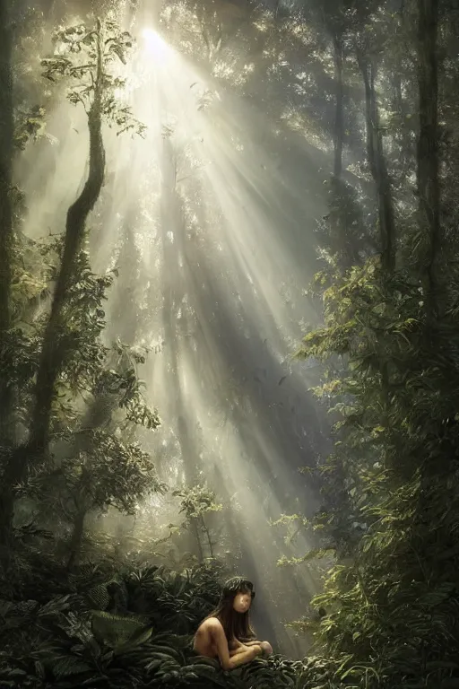 Image similar to mean fluffy teddybear protecting girl in a forest with rays of light coming through the canopy, masterpiece, dystopian, sci-fi, extremely detailed, digital painting, sculpted in zbrush, artstation, concept art, smooth, sharp focus, illustration, chiaroscuro lighting, golden ratio, incredible art, artgerm, greg rutkowski, alphonse mucha, simon stalenhag, carravaggio