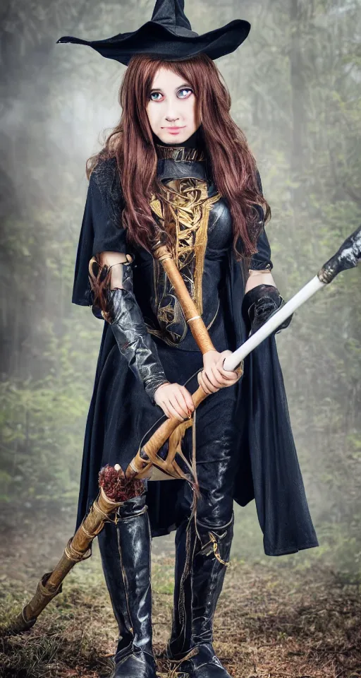 Image similar to young woman witch with magic wand and broom cosplay, she wears boots, full body shot, detailed face, photo taken by nikon, 4k, high quality, very detailed, intricant