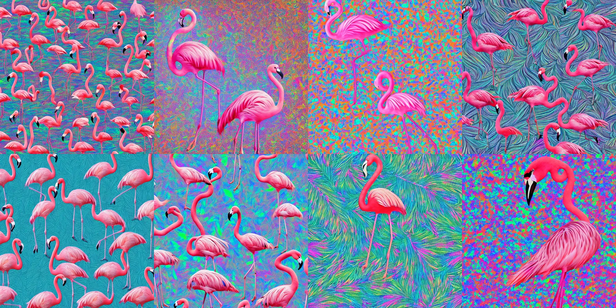 Prompt: beautiful photo of a flamingo with opal pattern feathers, 4 k, photorealistic, detailed, multicolor opal pattern, photographed by marina cano