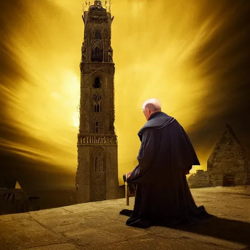 Prompt: An old catholic priest kneeled in passionate prayer at the summit of a tall medieval tower while an ominous yellow shadow is descends upon him from the night sky . Award-winning digital art, trending on ArtStation