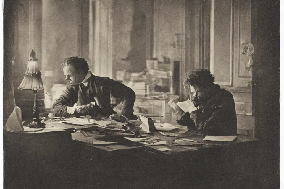 Prompt: wet plate photograph, august strindberg angry shouting throwing papers and banging his fist on a secretary desk in a small messy viennese apartment, night time, alone, lamplight, victorian era, depth of field, very detailed, highly accurate, intricate