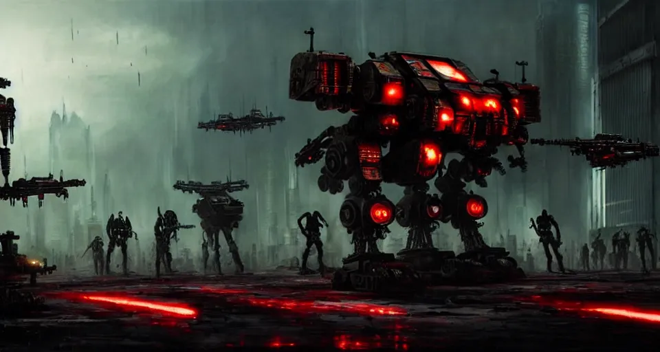 Prompt: bloody - zombie - flesh - battlemech, in a cyberpunk gothic city hyper realistic sci - fi matte concept art painting of dramatic cinematic scene, guns, missiles, explosions, beautiful details, strong composition painted by kim jung guweta studio rutkowski, james gurney and greg rutkowski, and lucasfilm, smooth, intricate, detailed, sharp focus, cinematic