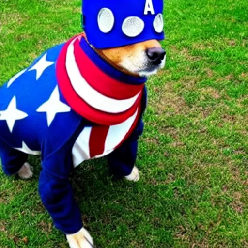 Prompt: a dog dressed as Captain America