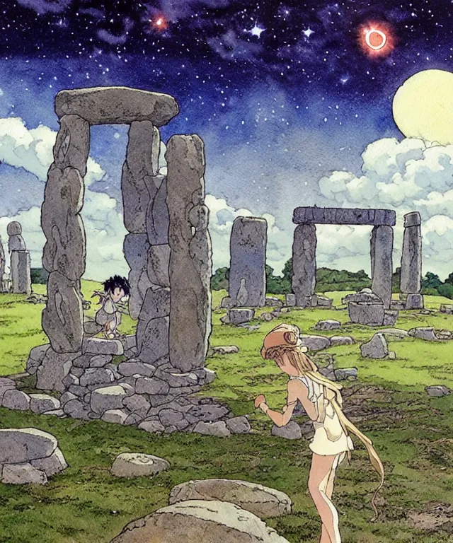 Image similar to a hyperrealist studio ghibli watercolor fantasy concept art. in the foreground is a giant grey octopus lifting and putting stones in to place on top of stonehenge with a starry sky. by rebecca guay, michael kaluta, charles vess