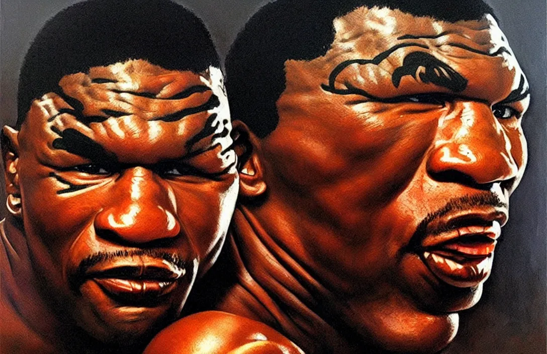 Image similar to portrait of 1 9 8 0's mike tyson!!!!!!!!!!!!!!!!!!!!!!!!!!!, detailed face, detailed painting,, epic lighting, by ilya repin, phil hale and kent williams