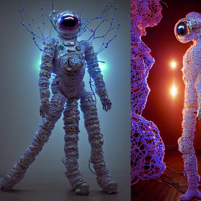 Image similar to a cybernetic symbiosis of a single astronaut mech-organic eva suit made of pearlescent wearing knitted shiny ceramic multi colored yarn thread infected with diamond 3d fractal lace iridescent bubble 3d skin dotted covered with orb stalks of insectoid compound eye camera lenses floats through the living room, film still from the movie directed by Denis Villeneuve with art direction by Salvador Dalí, wide lens,kevlar,carbon fiber,ceramics,gaseous materials,