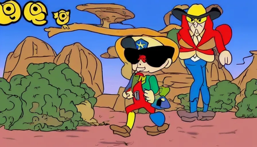 Prompt: 1990s cartoon show screenshot from the animated show an Owl dressed up as the lone ranger in the wild west