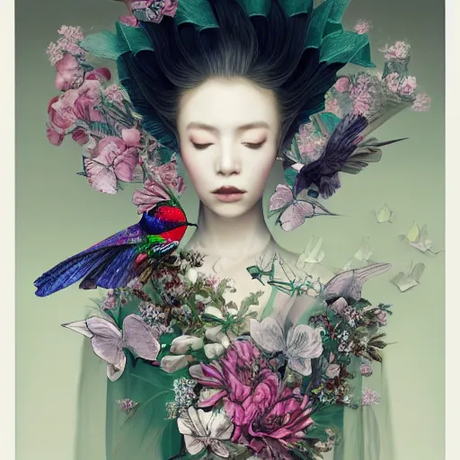 Image similar to 3 / 4 view of a beautiful girl wearing an origami dress, eye - level medium shot, fine floral ornaments in cloth and hair, hummingbirds, elegant, by eiko ishioka, givenchy, albrecht durer, by peter mohrbacher, centered, fresh colors, origami, fashion, detailed illustration, vogue, japanese, reallusion character creator