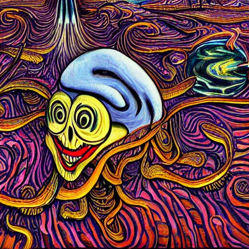 Image similar to a hyper - detailed fine painting of the scream of paranoia and funny pain, cosmic horror psychedelic weird bizarre art