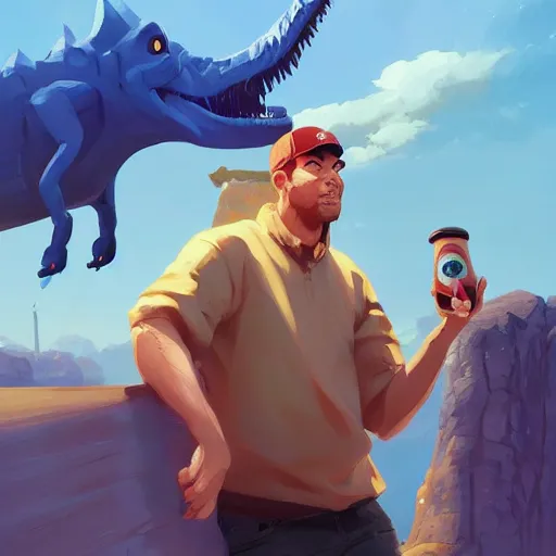 Prompt: barnie the dinosaur holding a broken beer bottle, art gta 5 cover, official fanart behance hd artstation by jesper ejsing, by rhads, makoto shinkai and lois van baarle, ilya kuvshinov, ossdraws