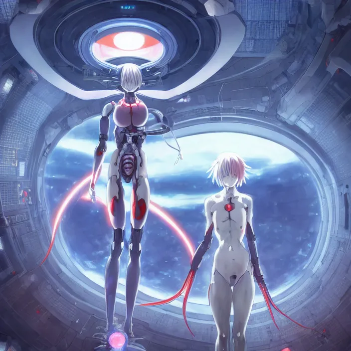 Image similar to Female Anime Character rei ayanami cyborg, giygas, epcot, inside a space station, eye of providence, Beksinski Finnian vivid Wojtek William to eye, hellscape, mind character, Environmental occlusion theme Jia, a William mans character, Artstation station female hyperdetailed with , rei ayanami