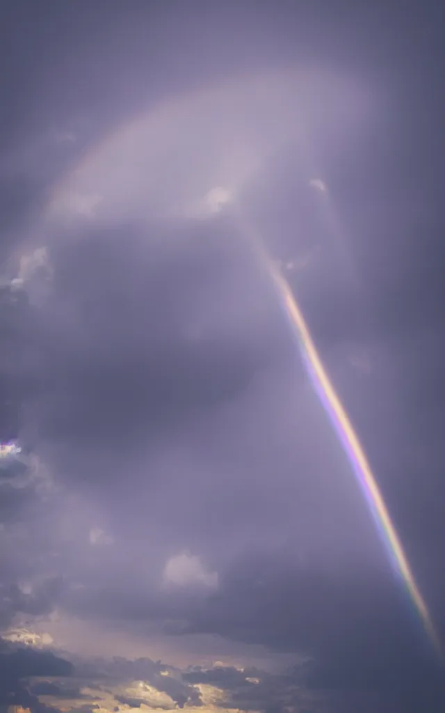 Image similar to dark night stormcloud, intricated rainbow with ring shape, light gleams and beams between the cloud, photography fantasy, realistic