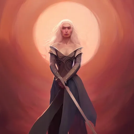 Image similar to a beautiful portrait of daenarys targaryen, concept art by pete mohrbacher and guweiz and ilya kuvshinov, digital art, highly detailed, intricate, sharp focus, trending on artstation hq, deviantart, unreal engine 5, 4 k uhd image