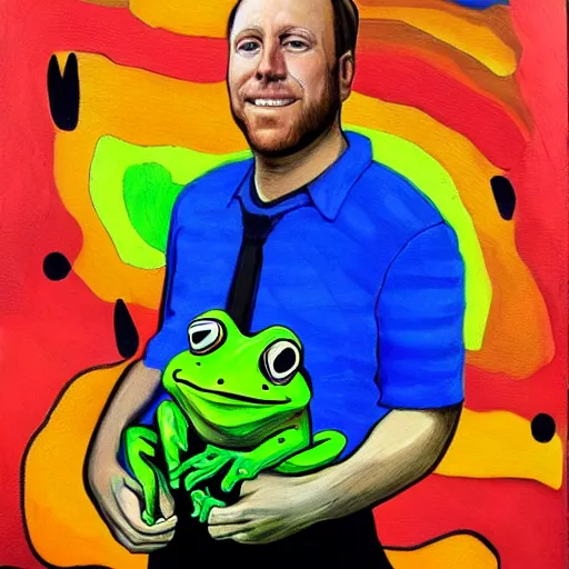 Prompt: alex jones holding a frog, frog, rainbow colors, oil on canvas