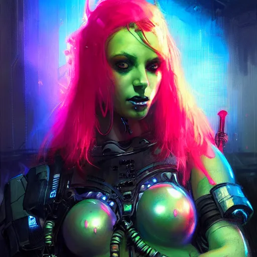 Prompt: a sexy cybergoth Doom Slayer, dystopian mood, vibrant colors, neon, sci-fi character portrait by gaston bussiere, craig mullins, full figure