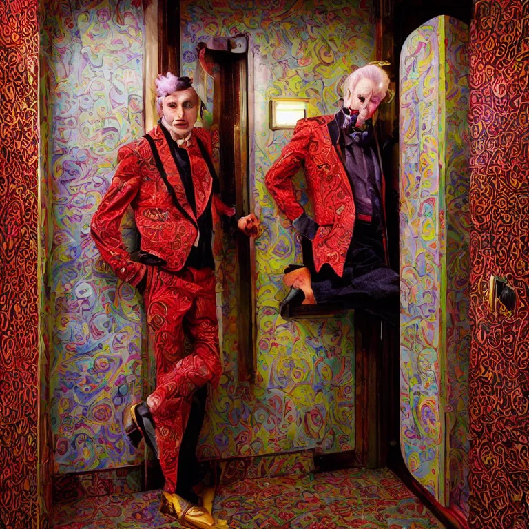 Image similar to vogue photoshoot octane render portrait by wayne barlow and carlo crivelli and glenn fabry, a handsome eccentric man in a bright colorful patterned pastel wes anderson elevator operator costume inside a dark and moody vintage elevator in a high - end exotic vintage boutique hotel, very short depth of field, bokeh