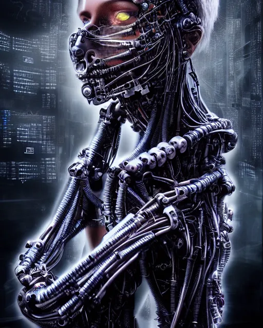 Prompt: portrait photo of an aesthetic biomechanical cyborg plugged into a quantum computer with cables and wires and optic fibers. cyberpunk horror style. art by luis royo. highly detailed 8 k. intricate. nikon d 8 5 0 5 5 mm. award winning photography.