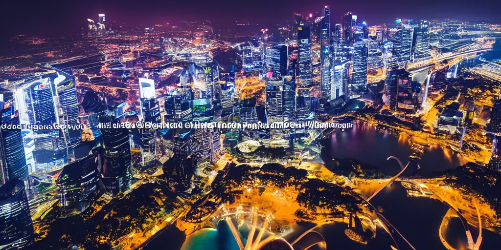 Image similar to futuristic singapour view at night from a plane, cinematic