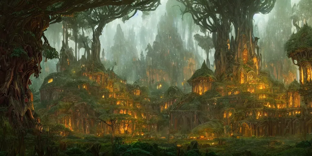 Prompt: An ancient elven city in a magical forest, high detail, many characters and creatures, cartoon style, D&D, world of warcraft, by Jimmy Wong and Greg Rutkowski, 4096x2160
