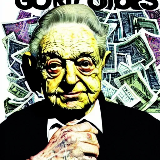 Image similar to George Soros full body shot, dollar bills Body horror, biopunk, by Ralph Steadman, Francis Bacon, Hunter S Thompson