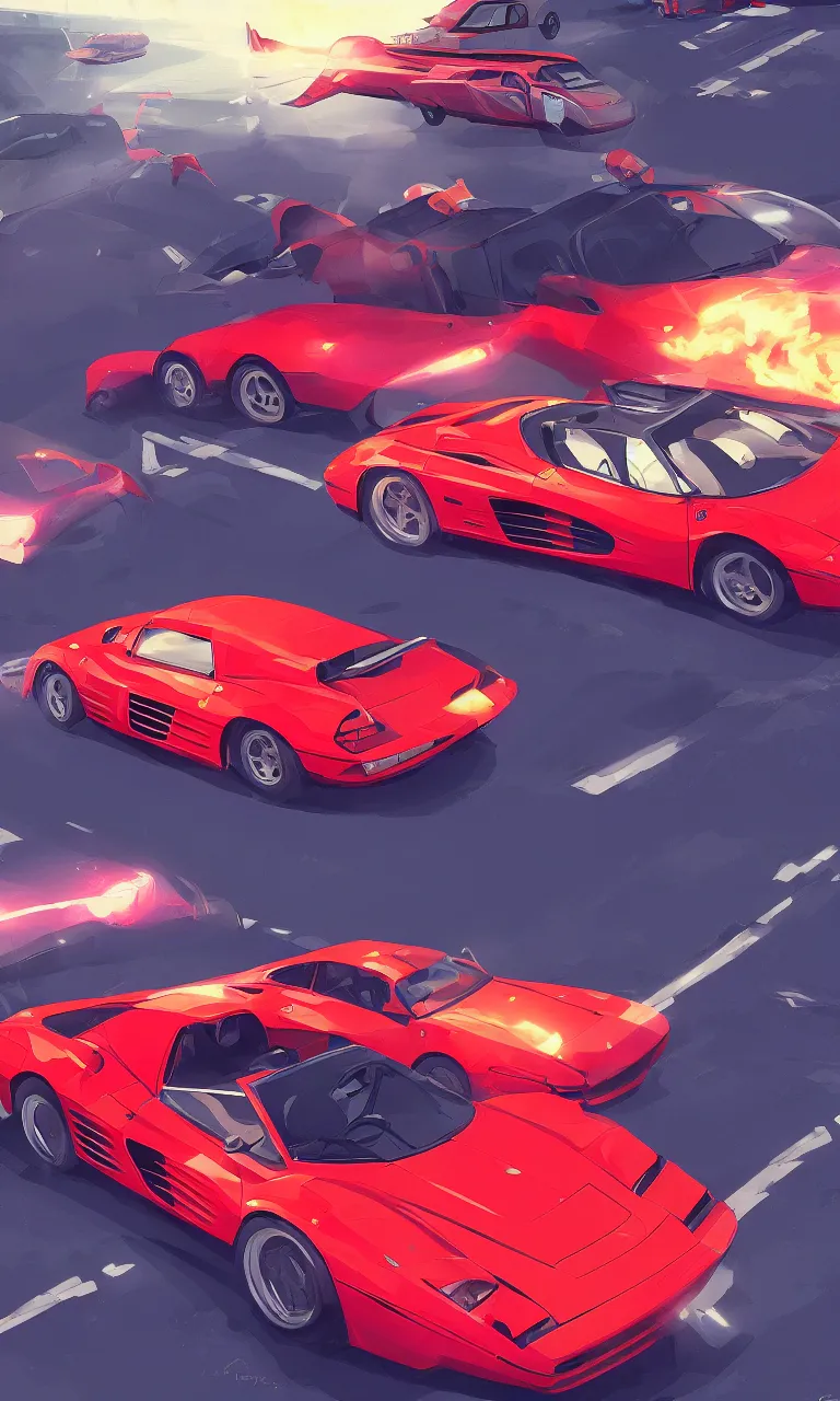 Image similar to a ferrari testarossa speeding under the avengers plane on the road to le cap - ferret, global illumination lighting artstation, lois van baarle, ilya kuvshinov, rossdraws