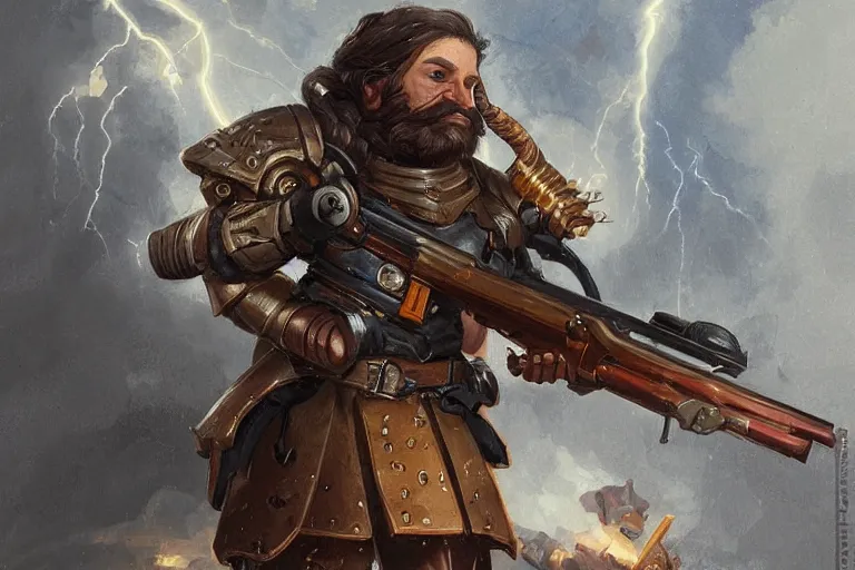 Image similar to this dwarven plasma gunner is holding a flintlock rifle charged by lightning by Greg Rutkowski, highly detailed, sharp focus