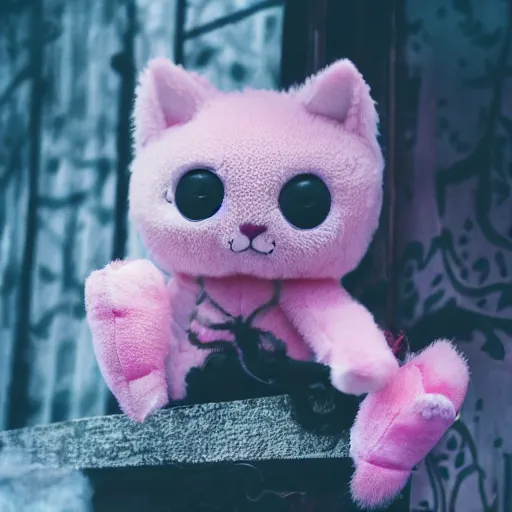 Image similar to pink kitty stuffed animal in foggy tendril of horror, haunted house, scary, sharp and visual, cinematic, 4k,