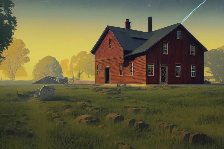 Prompt: a amish farmhouse cottage by paolo eleuteri serpieri and tomer hanuka and chesley bonestell and daniel merriam and tomokazu matsuyama, clearly defined outlines, unreal engine, high resolution render, featured on artstation, octane, 8 k, highly intricate details, vivid colors