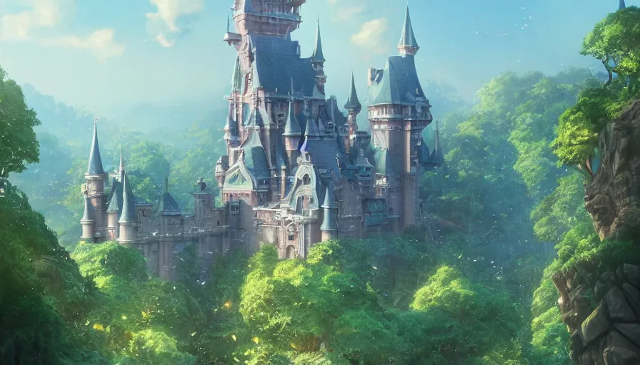 Image similar to A highly detailed matte painting of a large castle in magical forest by Studio Ghibli, Makoto Shinkai, by Artgerm, by beeple, volumetric lighting, octane render, 4K resolution, trending on artstation