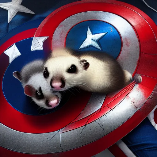 Prompt: A ferret is cuddling Captain America, hyperdetailed, artstation, cgsociety, 8k