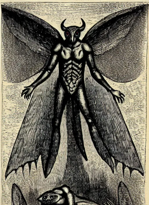 Image similar to illustration of mothman as a demon from the dictionarre infernal, etching by louis le breton, 1 8 6 9, 1 2 0 0 dpi scan, ultrasharp detail, clean scan