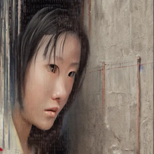 Image similar to a perfect, realistic professional oil painting in ancient Roman style, of a Japanese schoolgirl posing in a dystopian alleyway, close-up, by a professional American senior artist on ArtStation, a high-quality hollywood-style concept