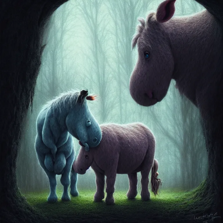 Image similar to epic professional digital art of hungry eeyore, ambient lighting, painted, intricate, detailed, foreboding, by leesha hannigan, wayne haag, reyna rochin, ignacio fernandez rios, mark ryden, iris van herpen,, epic, stunning, gorgeous, much wow, cinematic, masterpiece.