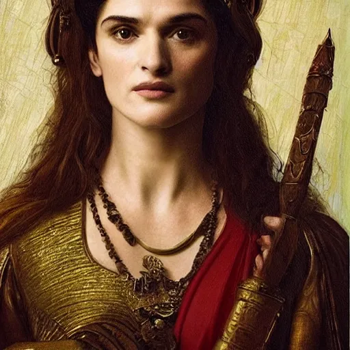 Prompt: a stunning pre - raphaelite portrait of rachel weisz as the all - knowing goddess athena, wise and mirthful, 4 k aesthetic masterpiece