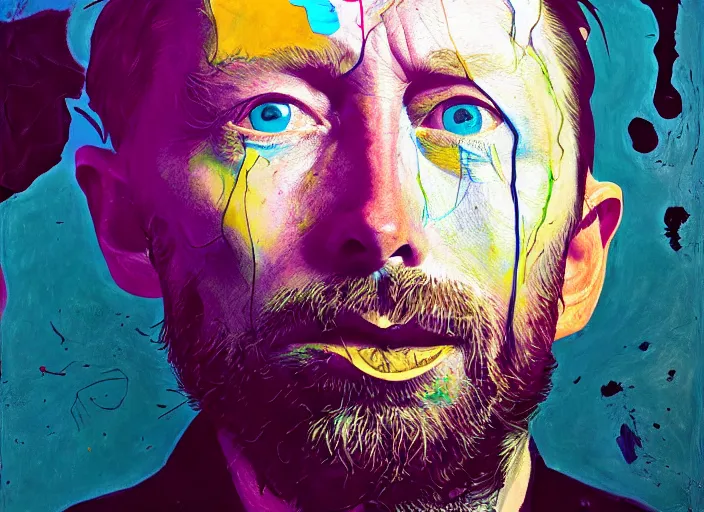Image similar to portrait of thom yorke, by vincent lefevre and hernan bas and pat steir and hilma af klint, psychological, photorealistic, dripping paint, washy brush, rendered in octane, altermodern, masterpiece