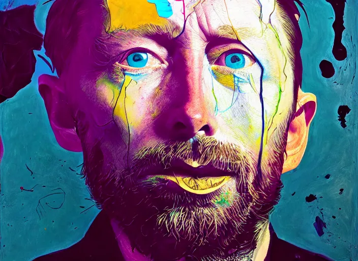 Prompt: portrait of thom yorke, by vincent lefevre and hernan bas and pat steir and hilma af klint, psychological, photorealistic, dripping paint, washy brush, rendered in octane, altermodern, masterpiece