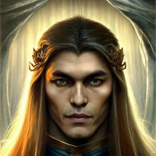 Image similar to in frame painting of an elven man with asian cat eyes with blond shiny moon hair, ultra realistic, concept art, intricate details, eerie, haunting, highly detailed, photorealistic, octane render, 8 k, unreal engine. art by artgerm and greg rutkowski and charlie bowater and magali villeneuve and alphonse mucha