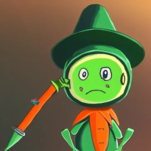 Image similar to little robot with big avocado hat and a carrot sword, made in abyss style