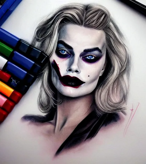 Image similar to tattoo design sketch of beautiful margot robbie portrait with joker makeup, in the style of den yakovlev, realistic face, black and white, realism tattoo, hyper realistic, highly detailed