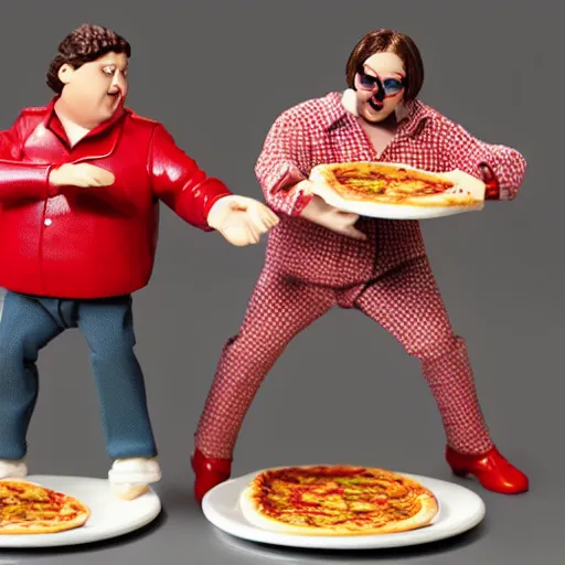 Prompt: tim and eric action figures eating pizza